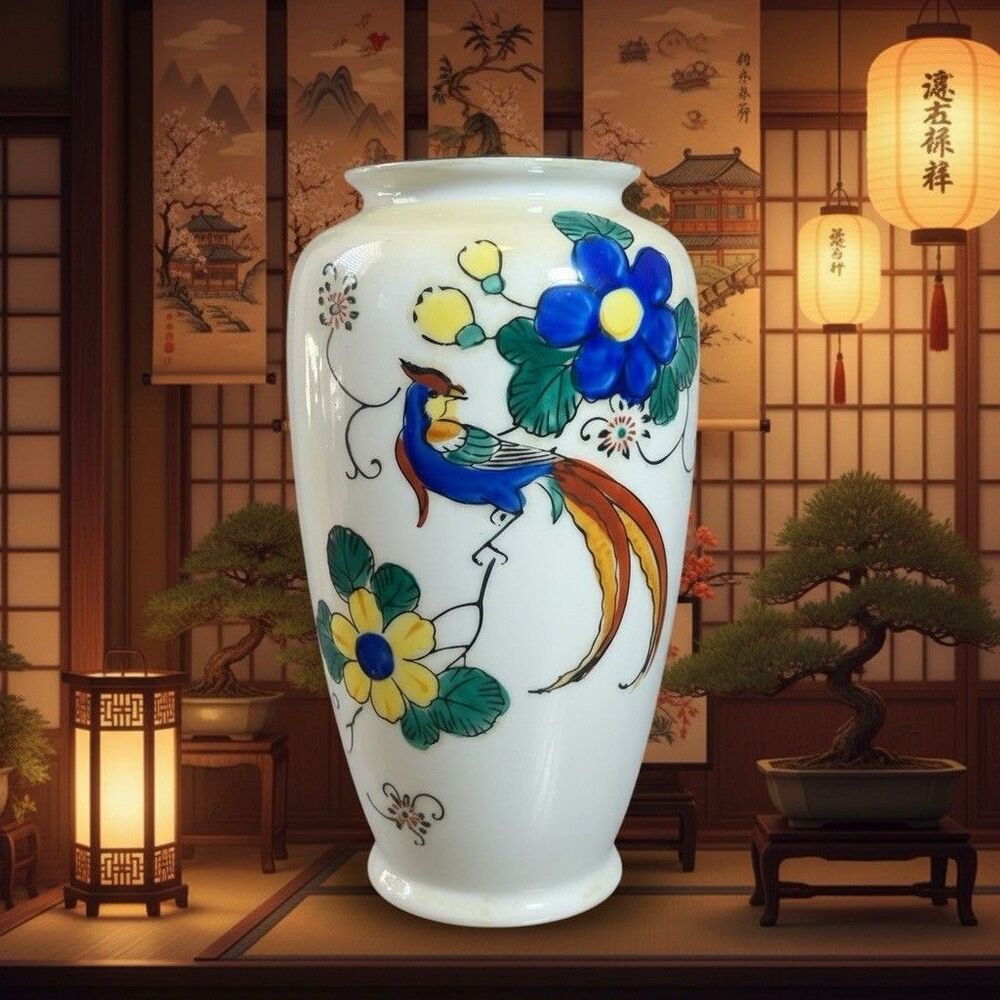 Pheasant Floral Vintage Made in Japan Porcelain Bud Vase Hand Painted 6” Tall